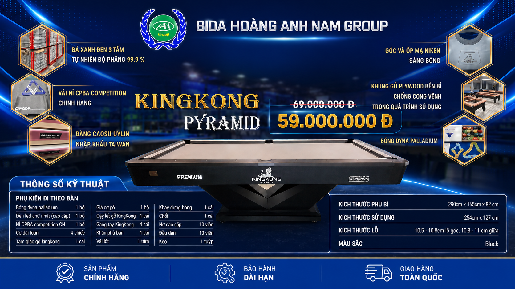 Bàn Bida Lỗ KingKong Pyramid | Bàn Mới 100% | BH 36 Tháng