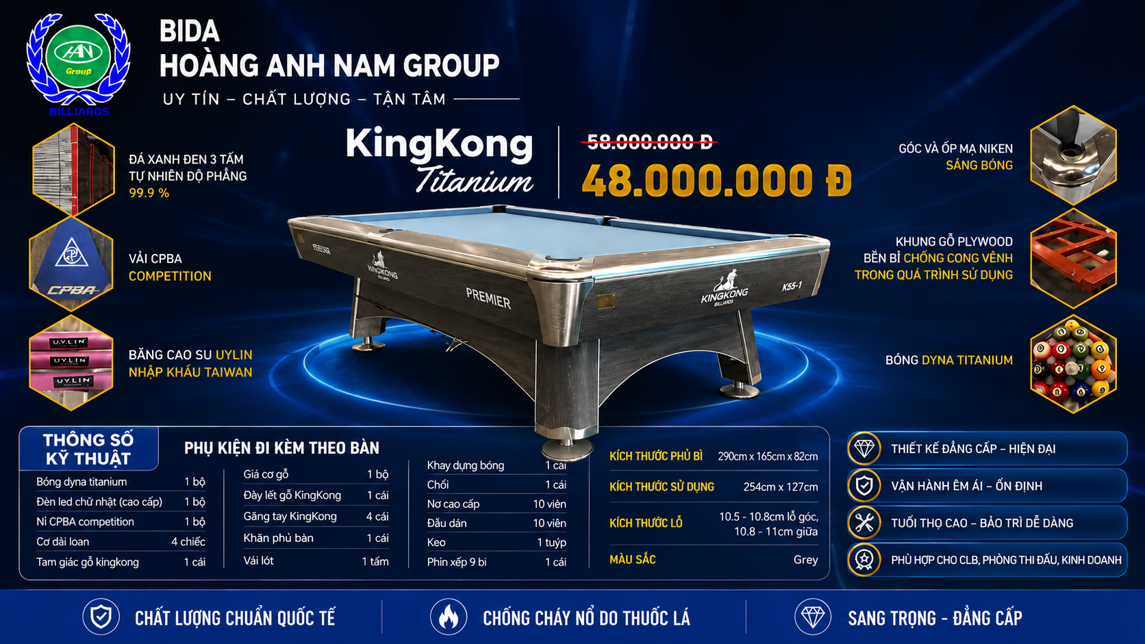 Bàn Bida Lỗ KingKong Titanium | Bàn Mới 100% | BH 36 Tháng