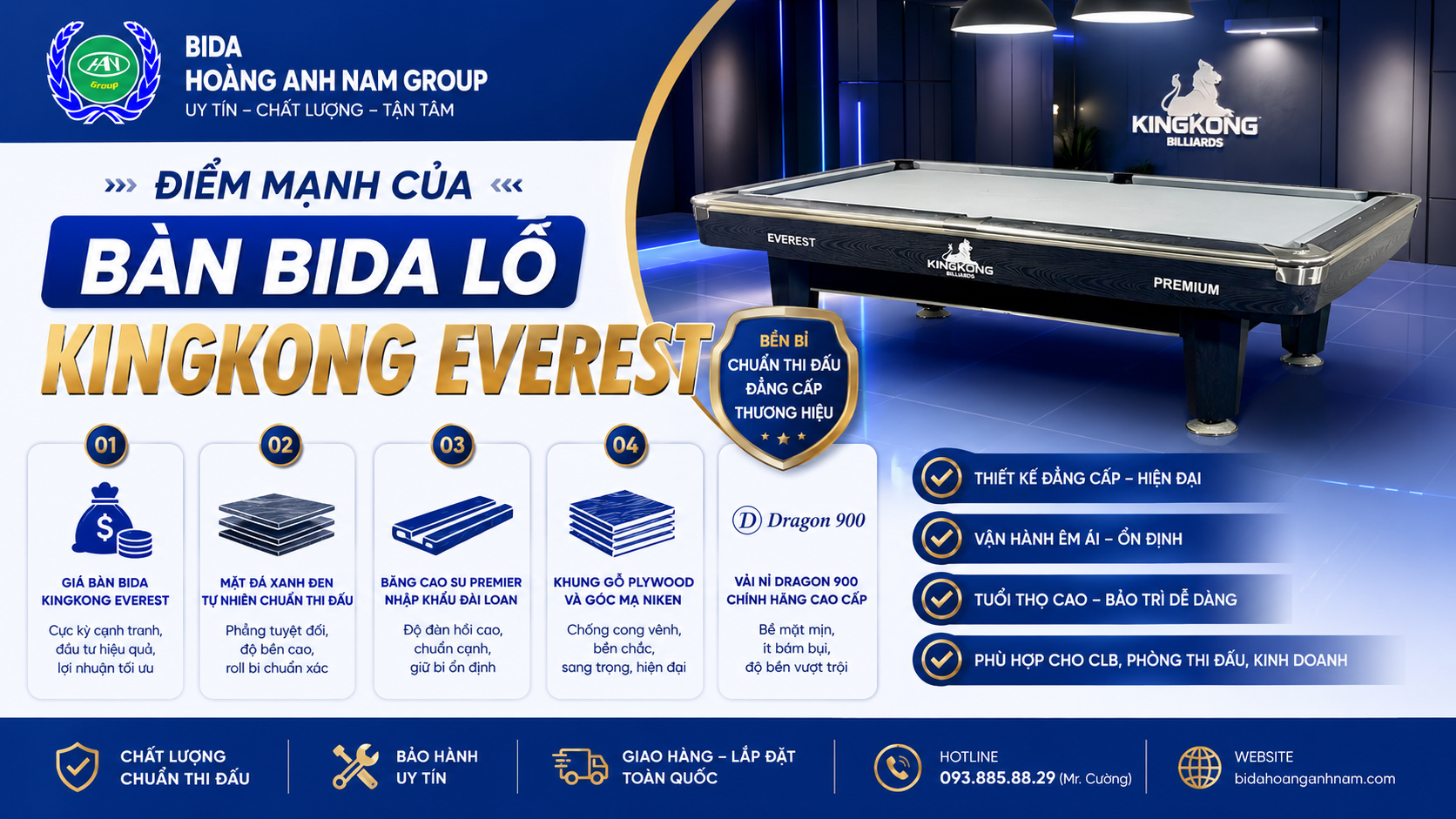 ĐIỂM MẠNH CỦA BÀN BIDA LỖ KINGKONG EVEREST | Bida Hoàng Anh Nam Group