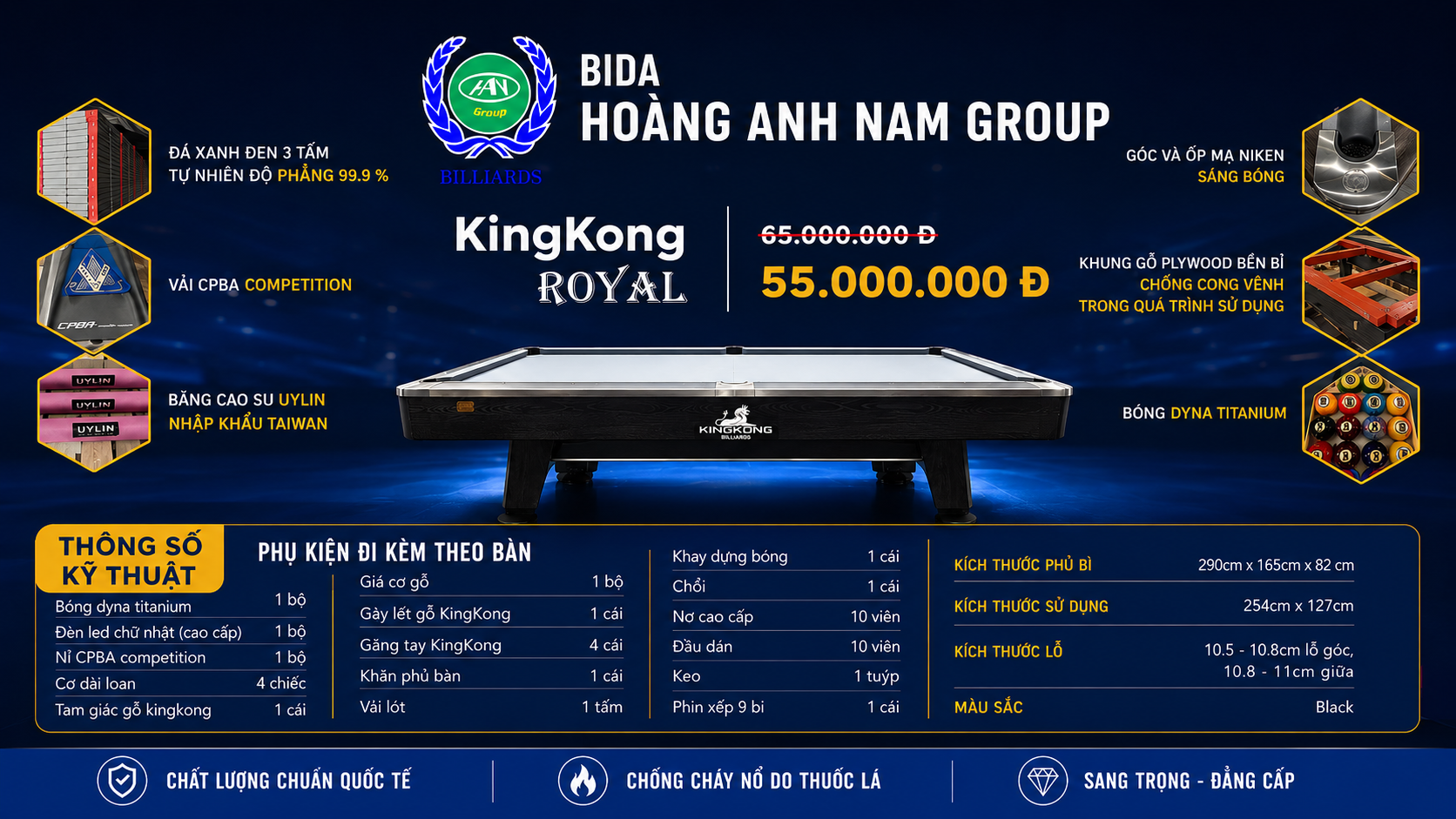 Phụ kiện chính hãng kèm theo bàn bida lỗ Kingkong Royal | Bida Hoàng Anh Nam Group