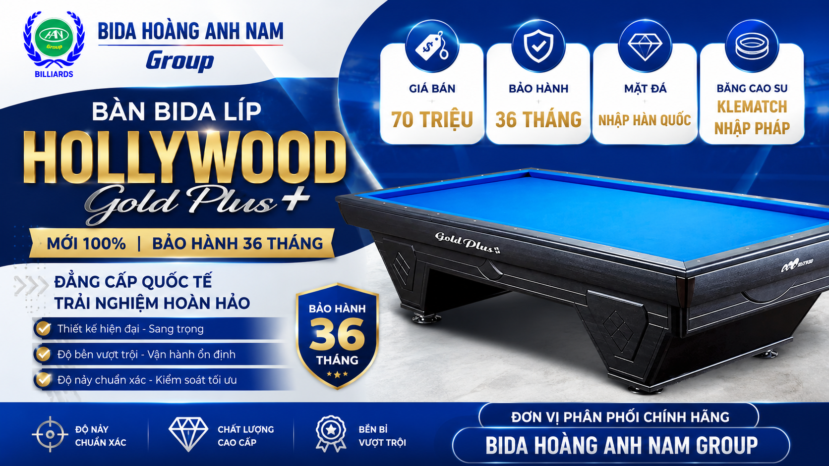 Bàn Bida Líp Hollywood Gold Plus+ | Mới 100% | BH 36 Tháng