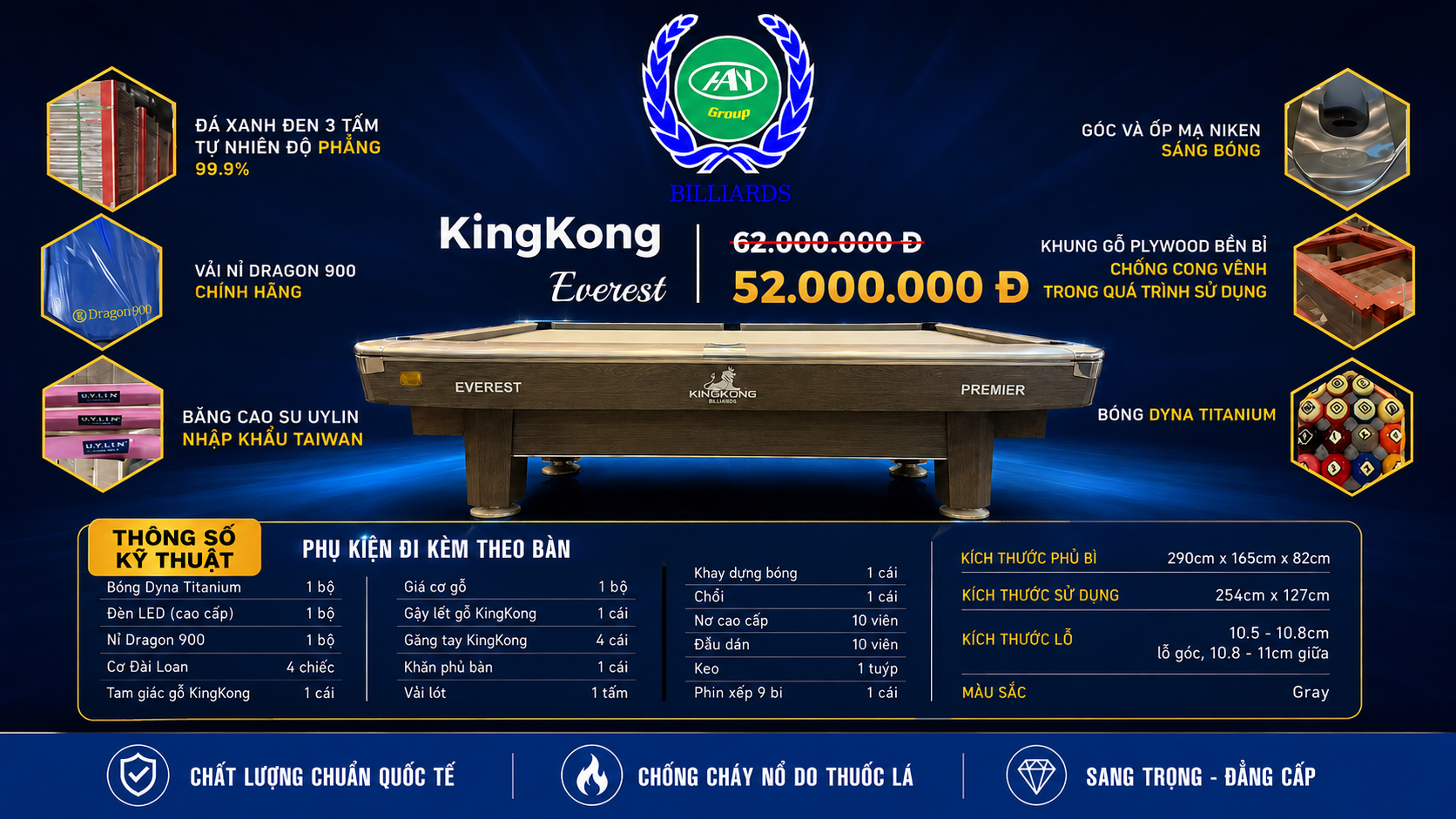 Bàn Bida Lỗ KingKong Everest | Bàn Mới 100% | BH 36 Tháng