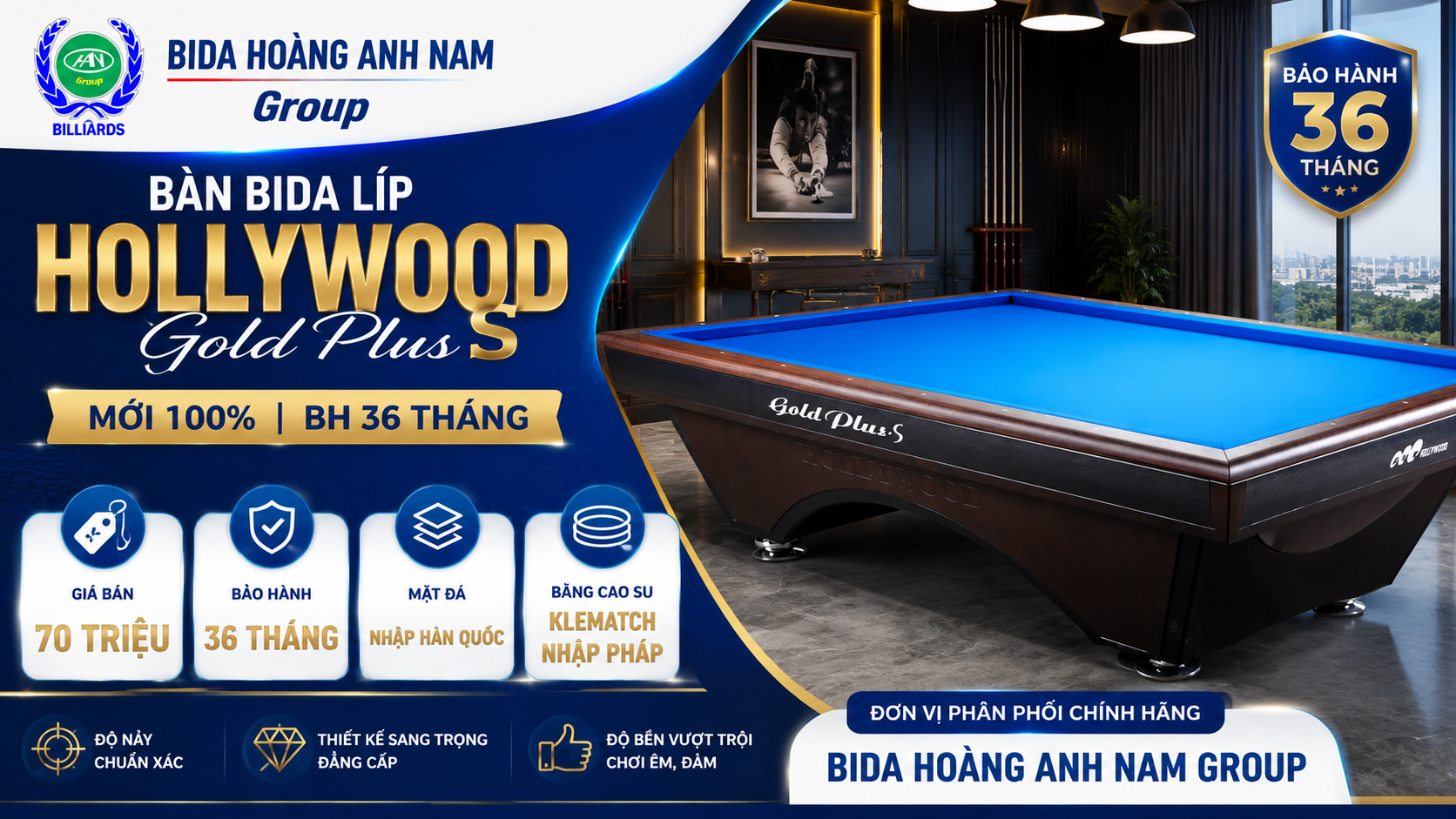Bàn Bida Líp Hollywood Gold Plus S | Mới 100% | BH 36 Tháng