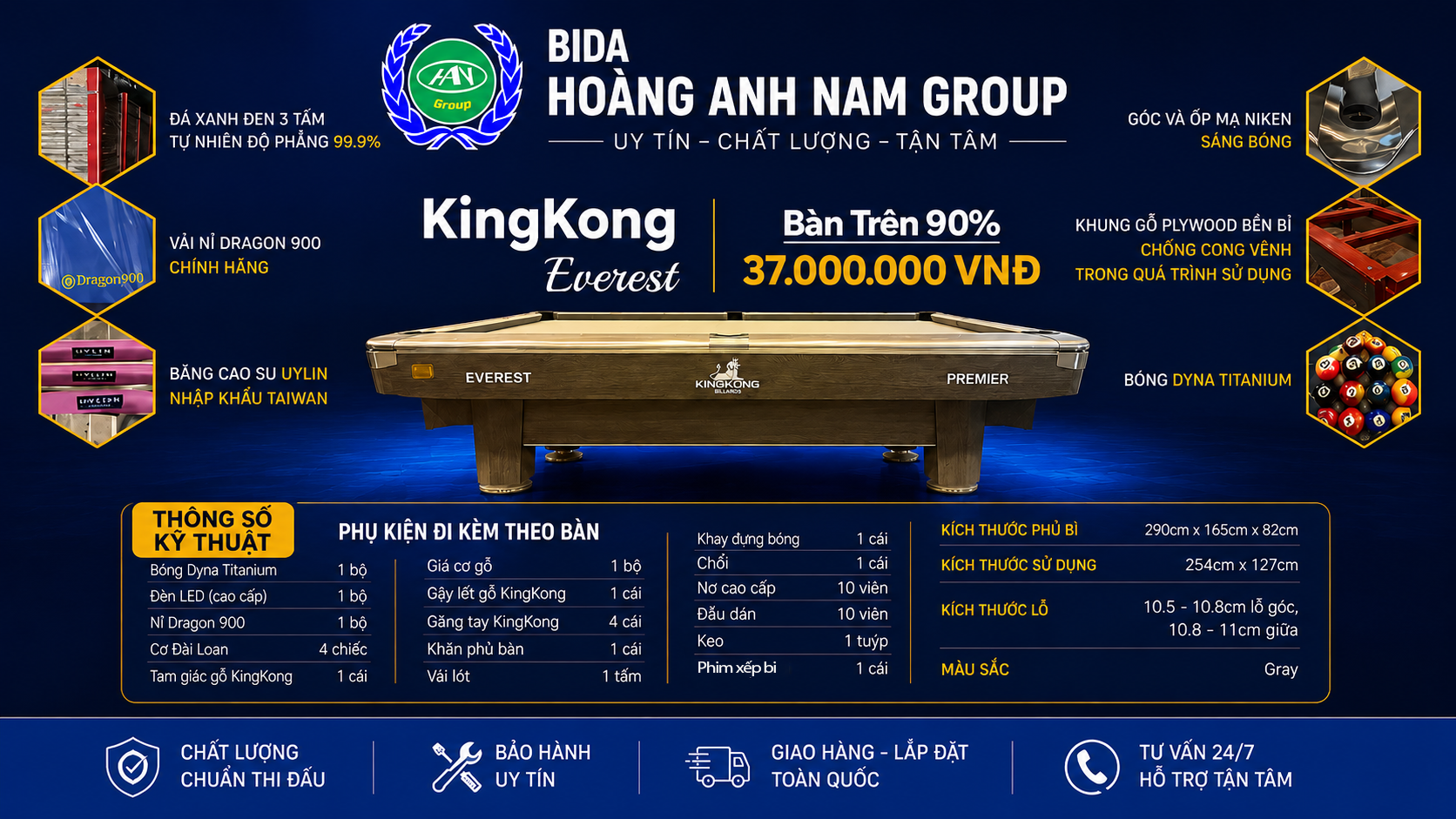 Bàn Bida Lỗ KingKong Everest | Bàn Trên 90 % | BH 36 Tháng