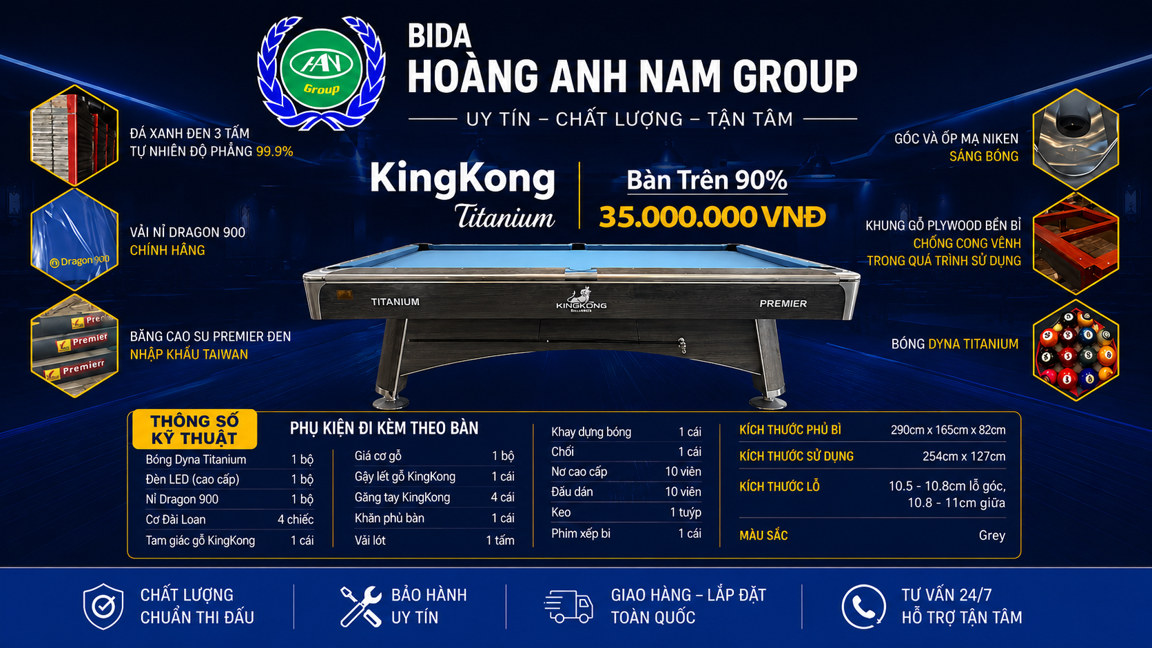 Bàn Bida Lỗ KingKong Titanium | Bàn Trên 90% | BH 36 Tháng