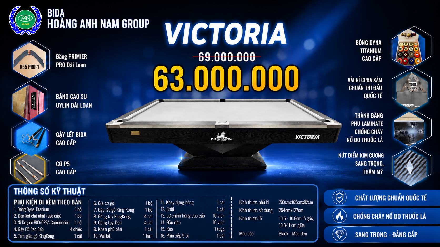 Phụ Kiện Đi Kèm Theo Bàn Bida Lỗ KingKong Victoria | Bida Hoàng Anh Nam Group