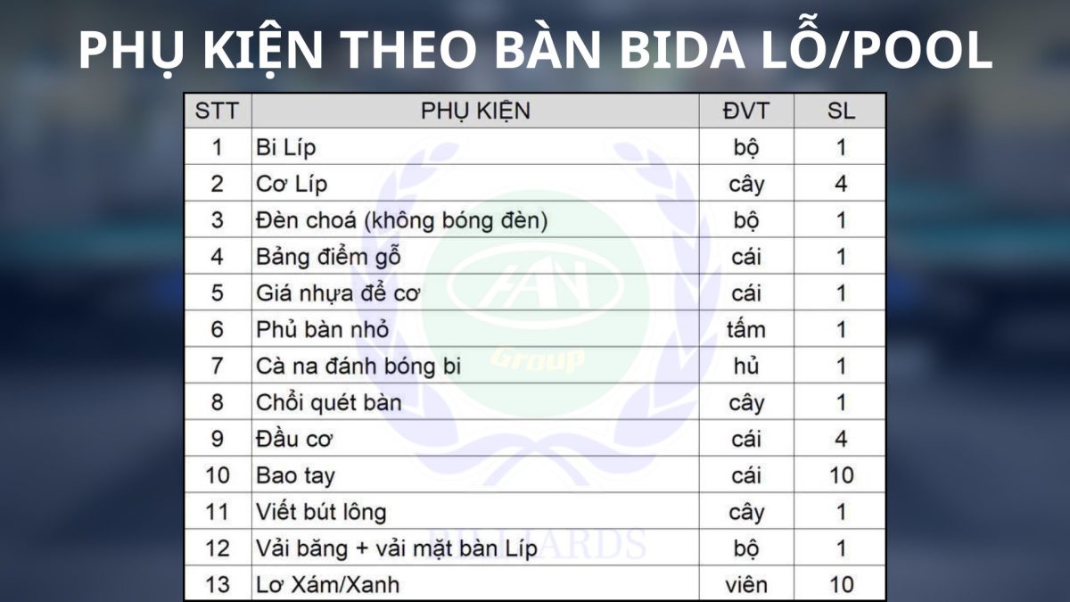 PHỤ KIỆN THEO BÀN BIDA LỖ/POOL | Bida Hoàng Anh Nam Group
