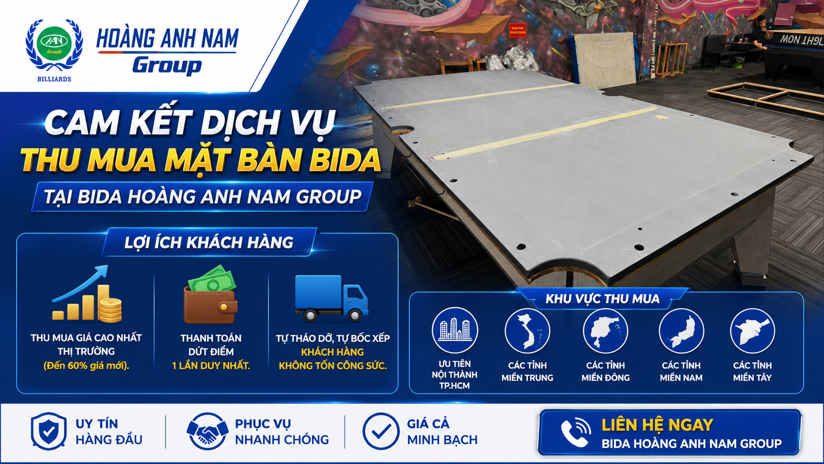 Cam kết dịch vụ thu mua mặt đá bàn bida tại Bida Hoàng Anh Nam Group