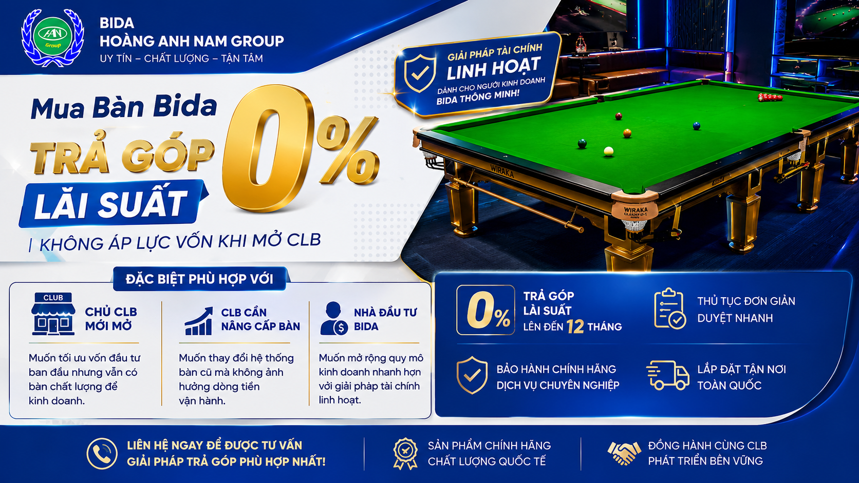 Mua Bàn Bida Trả Góp 0% Lãi Suất | Không Áp Lực Vốn Khi Mở CLB | Bida Hoàng Anh Nam Group