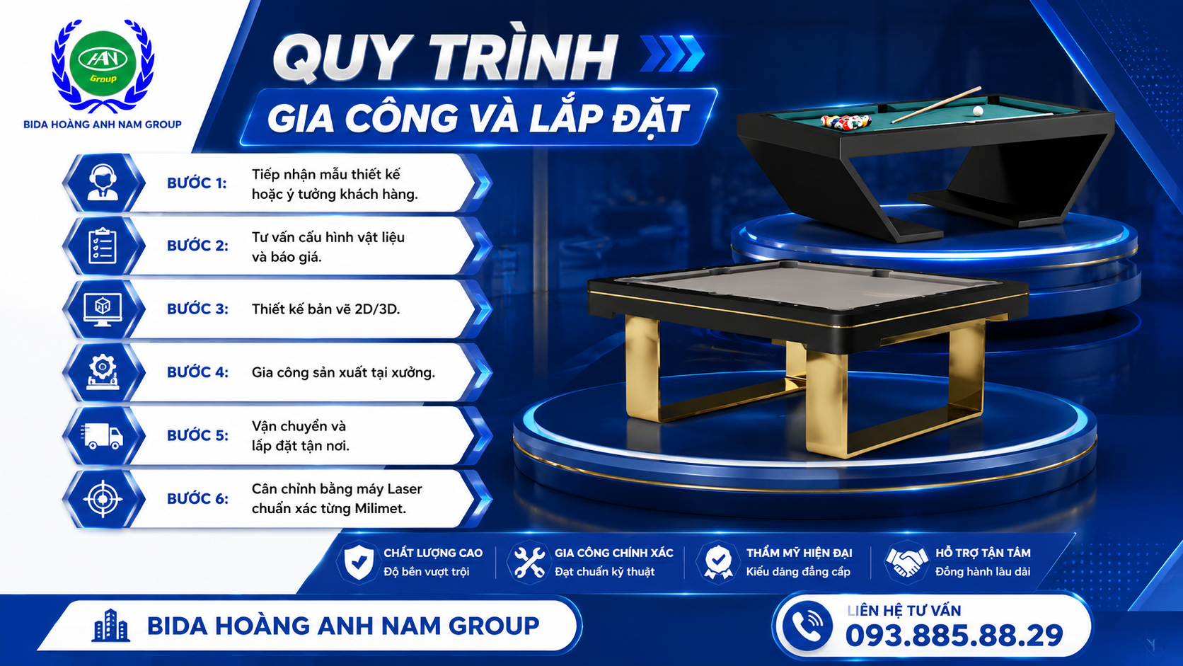 Quy Trình Gia Công Bà Lắp Đặt | Bida Hoàng Anh Nam Group