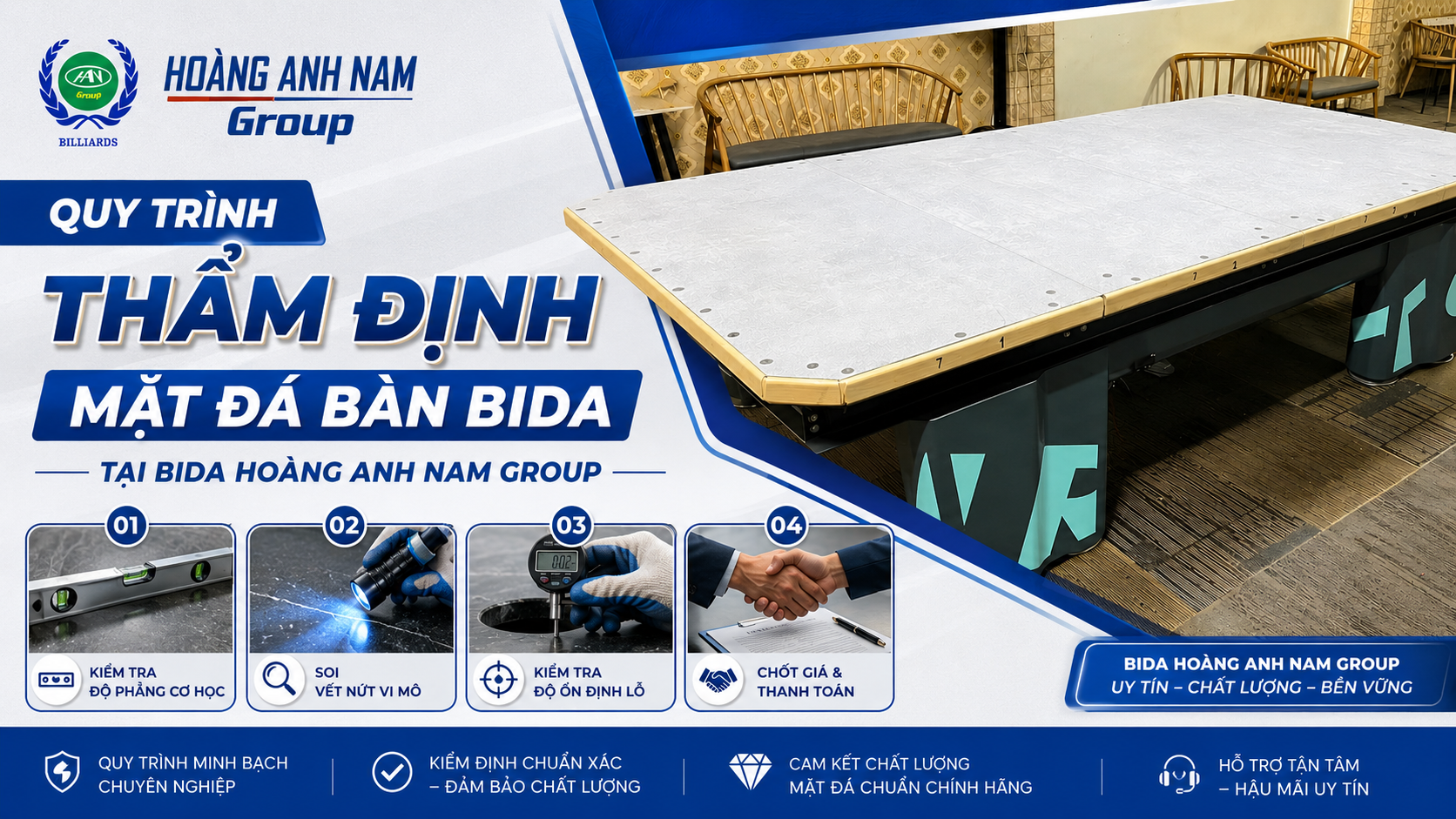 Quy trình thẩm định mặt đá bàn bida | Bida Hoàng Anh Nam Group
