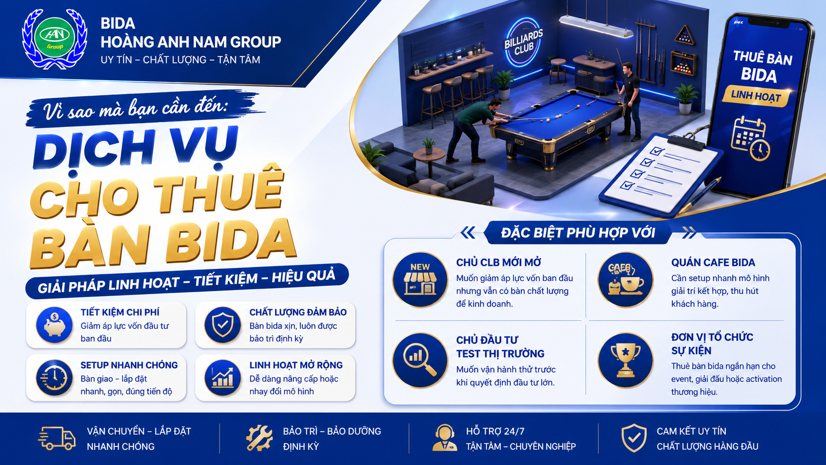 Vì Sao Bạn Nên Cần Đến: Dịch Vụ Cho Thuê Bàn Bida Tại Bida Hoàng Anh Nam Group