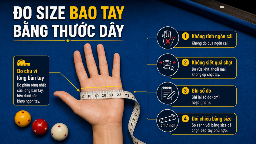 Đo chu vi phần rộng nhất của lòng bàn tay là cách chọn size bao tay bida chính xác nhất.