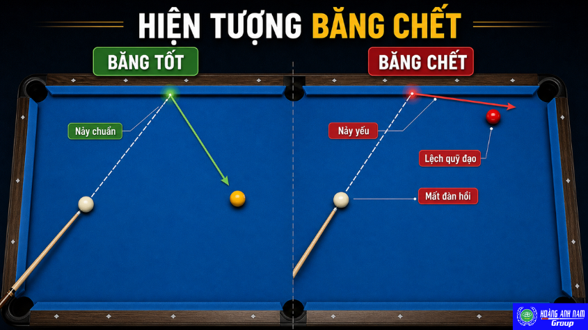 Sơ đồ so sánh băng bida tốt và băng chết khi bi chạm thành băng