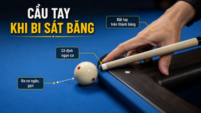 Cầu tay đặt trên thành băng giúp cố định ngọn cơ khi bi nằm sát mép bàn.