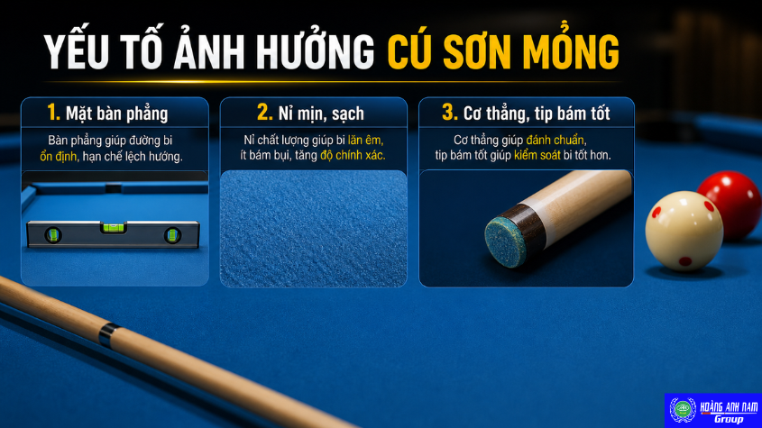 Mặt bàn, nỉ và cây cơ ảnh hưởng trực tiếp đến độ chính xác của cú sơn mỏng.