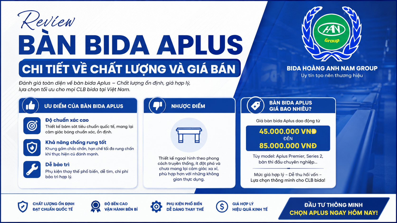 Review bàn bida Aplus chi tiết về chất lượng và giá bán