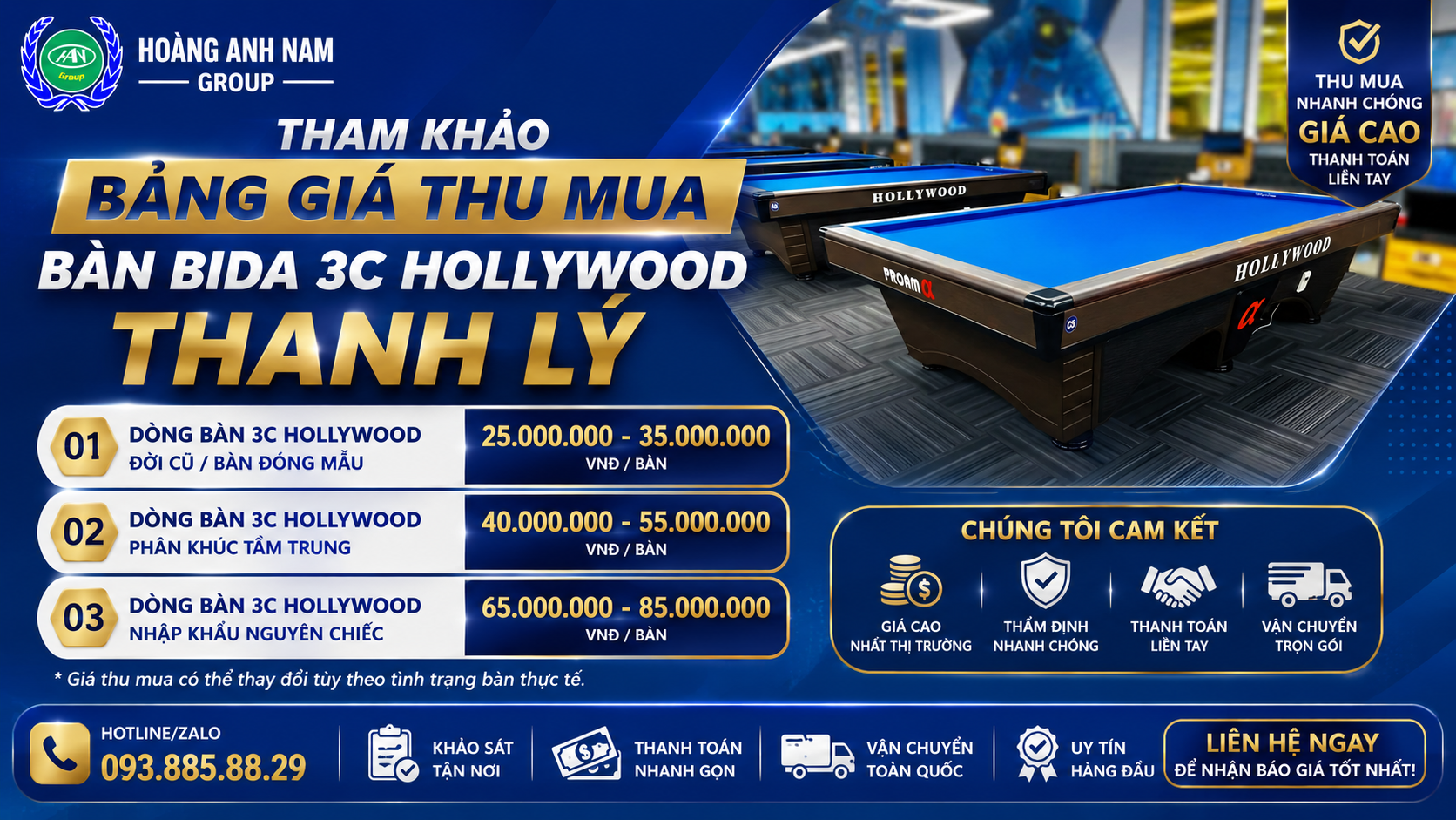 THAM KHẢO BẢNG GIÁ THU MUA BÀN BIDA 3C HOLLYWOOD THANH LÝ