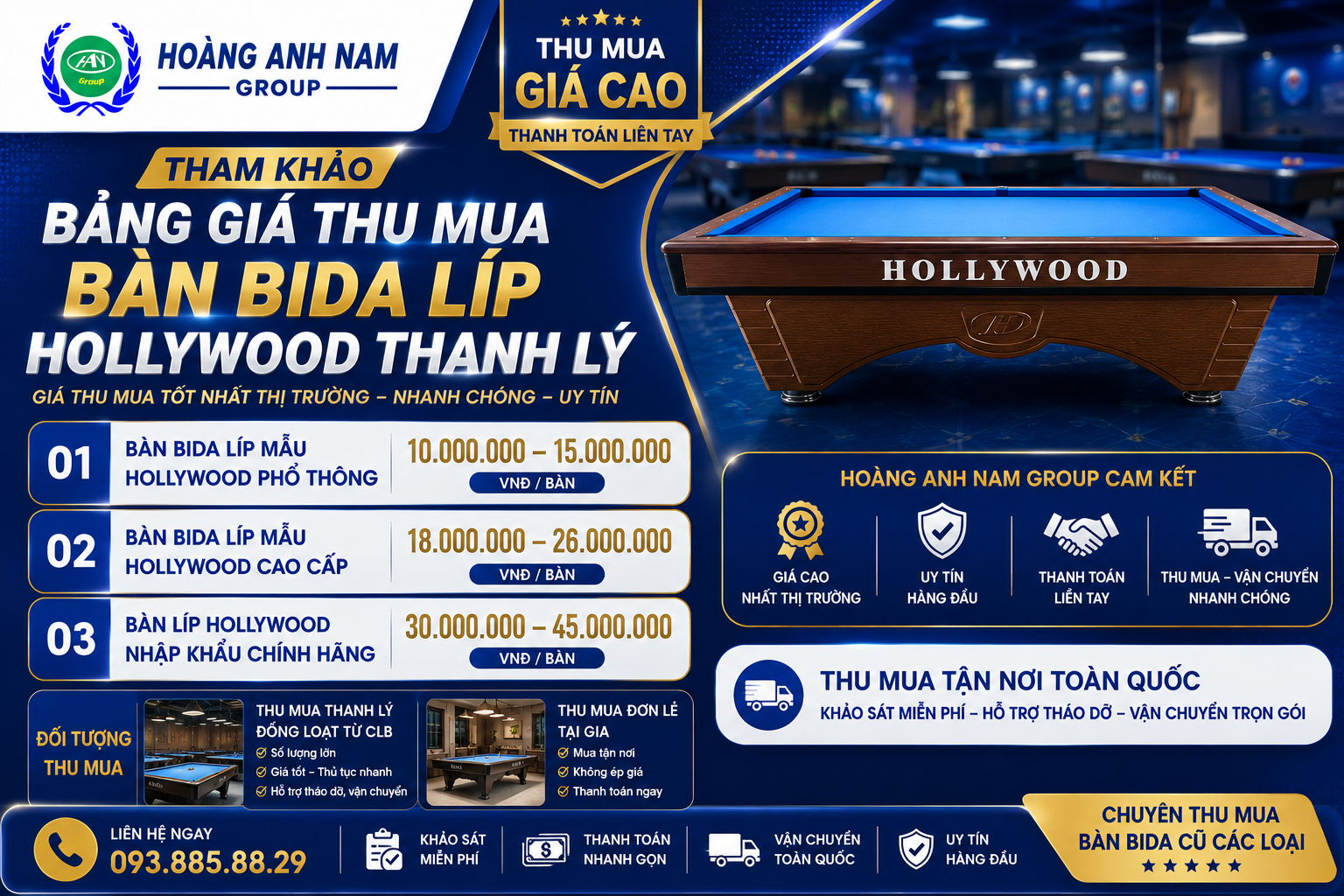 THAM KHẢO BẢNG GIÁ THU MUA BÀN BIDA LÍP HOLLYWOOD THANH LÝ