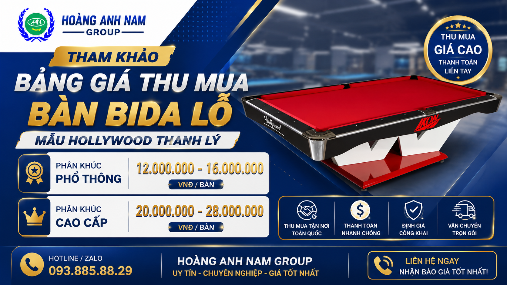 THAM KHẢO BẢNG GIÁ THU MUA BÀN BIDA LỖ MẪU HOLLYWOOD THANH LÝ