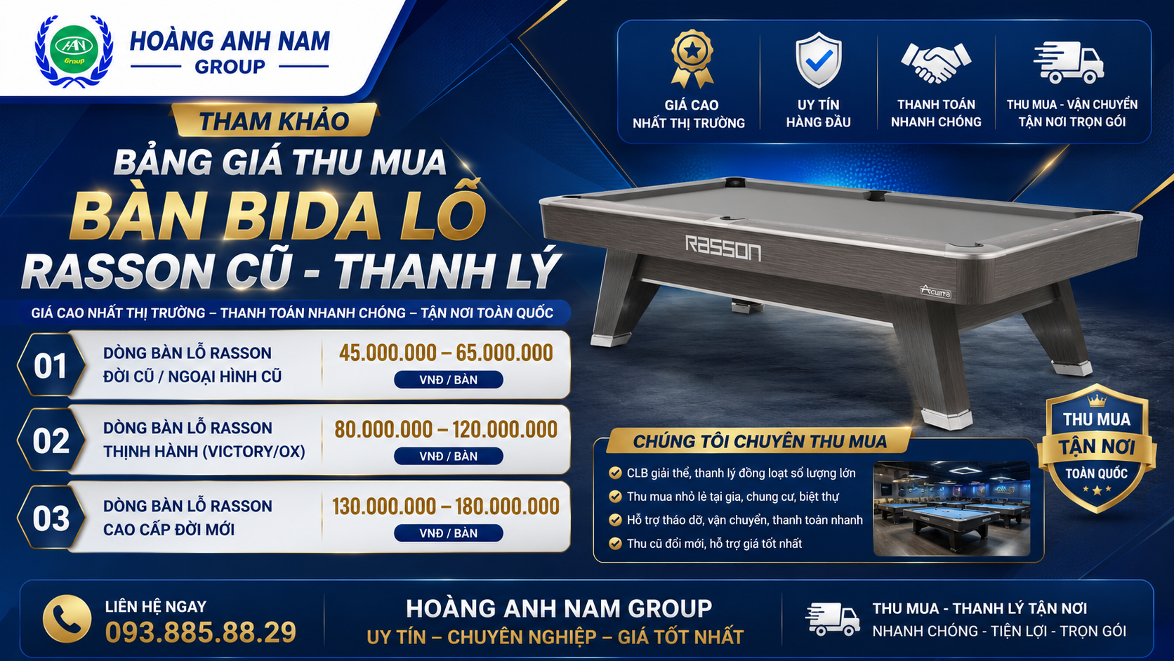 THAM KHẢO BẢNG GIÁ THU MUA BÀN BIDA LỖ RASSON CŨ - THANH LÝ