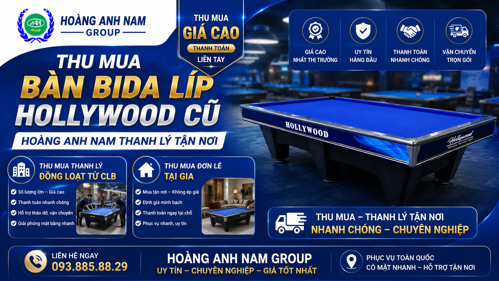 Thu Mua Bàn Bida Líp Hollywood Cũ Giá Cao, Thanh Lý Tận Nơi
