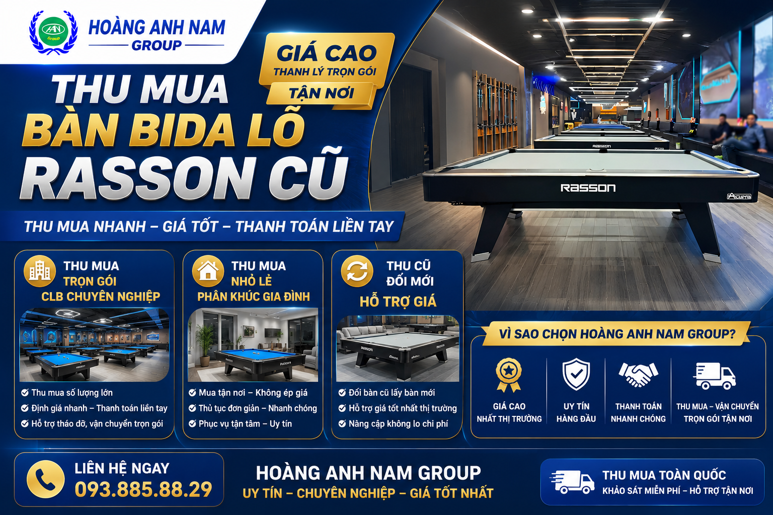Mua Bàn Bida Lỗ Rasson Thanh Lý Giá Cao | Hoàng Anh Nam Group