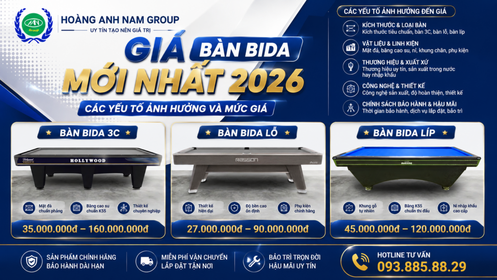 Giá Bàn Bida Mới Nhất 2026: Các Yếu Tố Ảnh Hưởng Và Mức Giá | Bida Hoàng Anh Nam