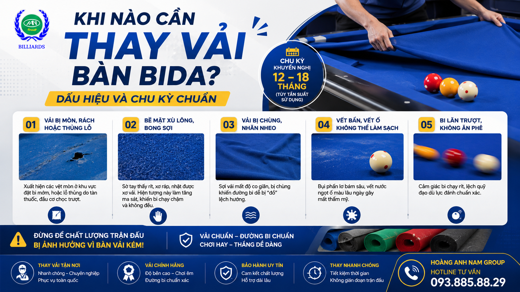 Khi nào cần thay vải bàn bida - Dấu hiệu và chu kỳ chuẩn | Hoàng Anh Nam Group