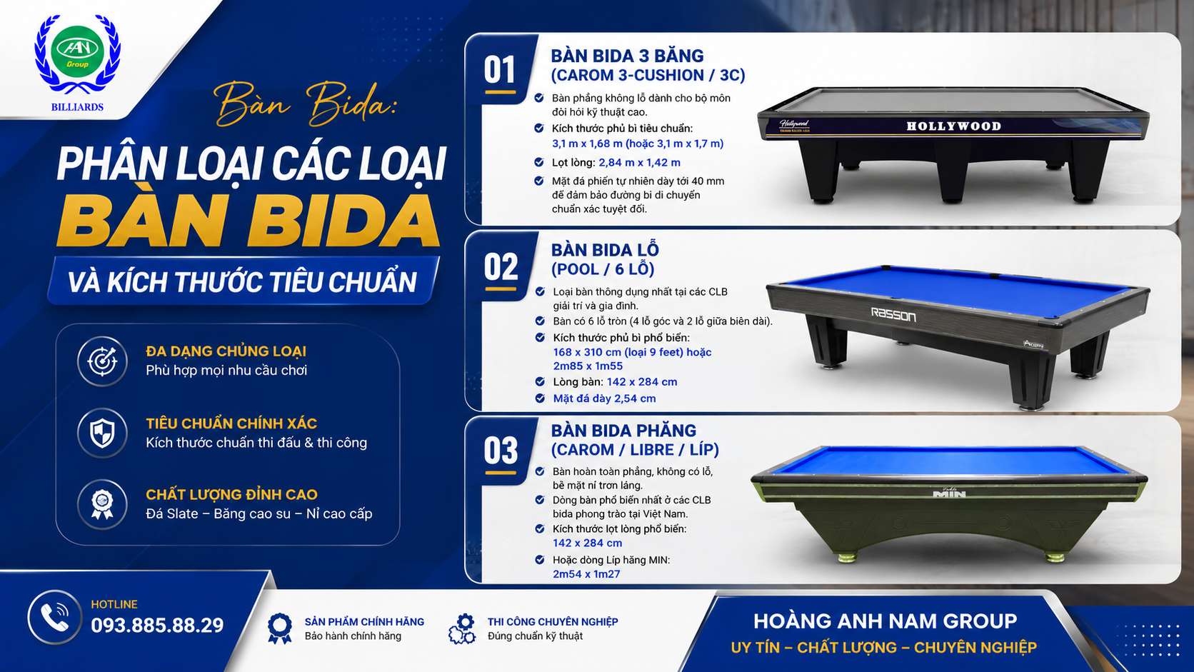 Phân Loại Các Loại Bàn Bida Và Kích Thước Tiêu Chuẩn | Bida Hoàng Anh Nam