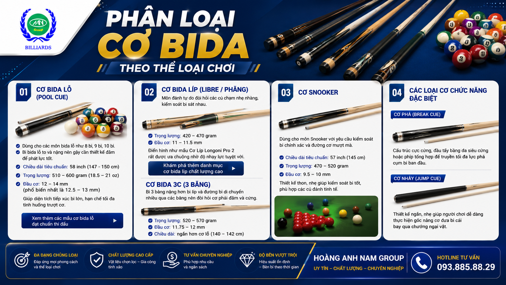 Phân loại cơ bida theo thể loại chơi | Bida Hoàng Anh Nam