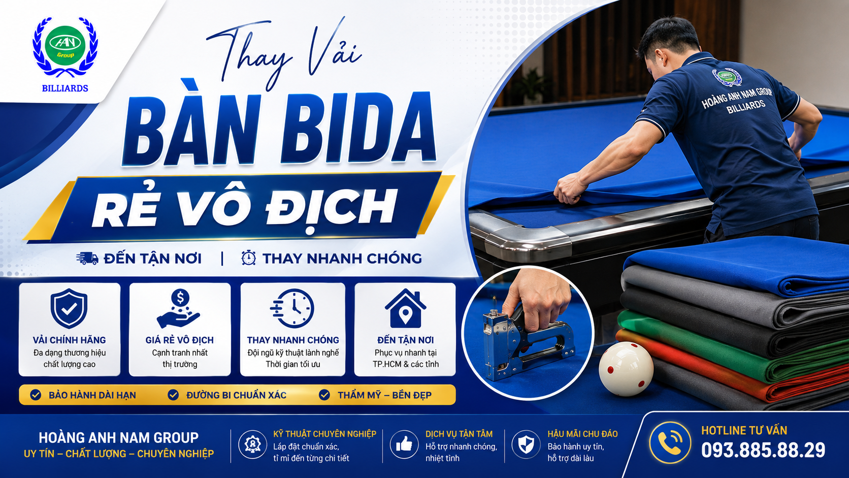 Thay Vải Bàn Bida Rẻ Vô Địch - Đến Tận Nơi - Thay Nhanh Chóng | Hoàng Anh Nam Group