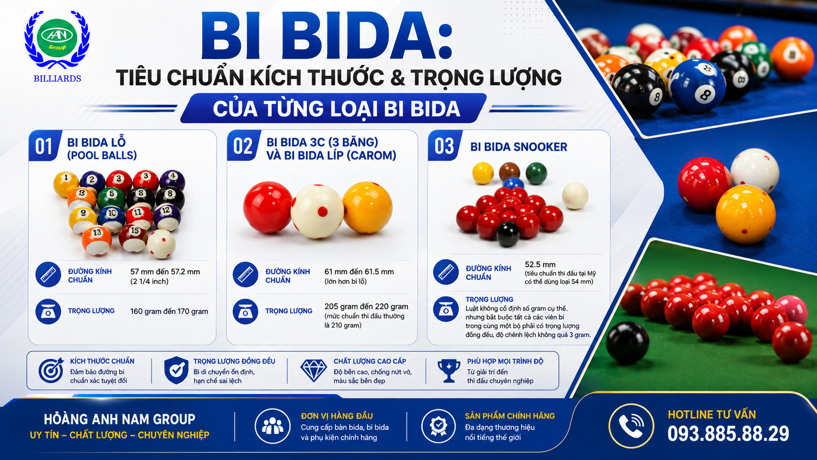Tiêu chuẩn kích thước và trọng lượng của từng loại bi bida | Bida Hoàng Anh Nam