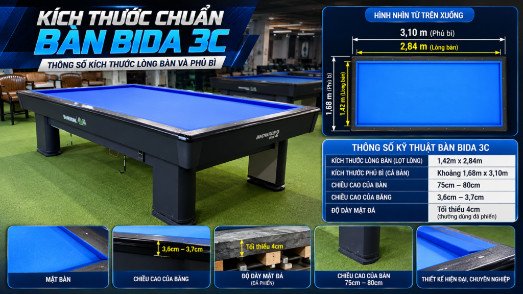 Kích Thước Bàn Bida 3C Chuẩn Quốc Tế