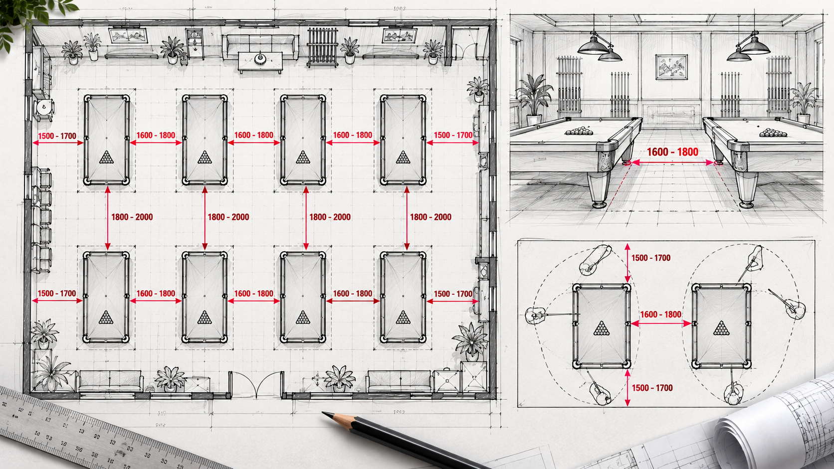 Tiêu chuẩn kích thước và khoảng cách trong bản vẽ bố trí bàn bida | Hoàng Anh Nam Group