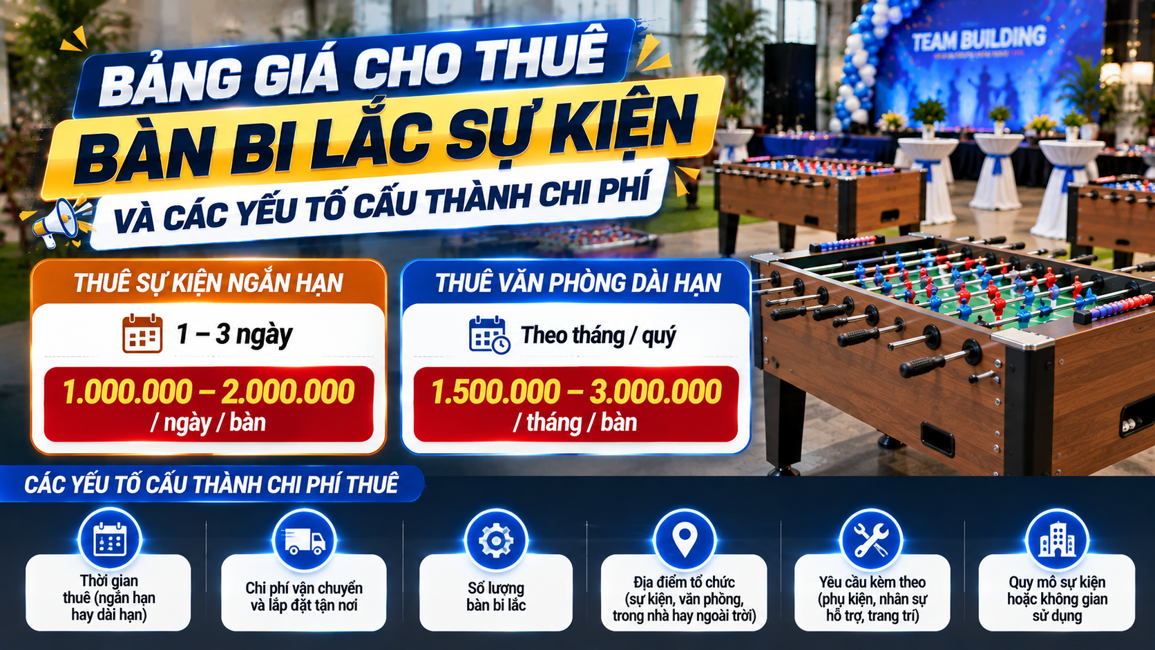 Bảng giá cho thuê bàn bi lắc sự kiện và các yếu tố cấu thành chi phí | Hoàng Anh Nam Group