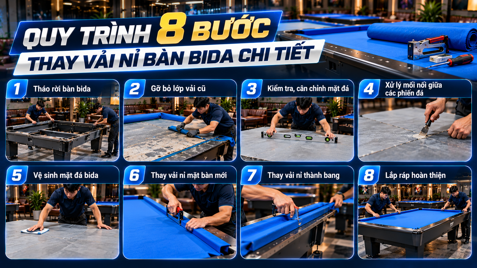 Quy trình sửa bàn bida TPHCM đạt chuẩn thi đấu