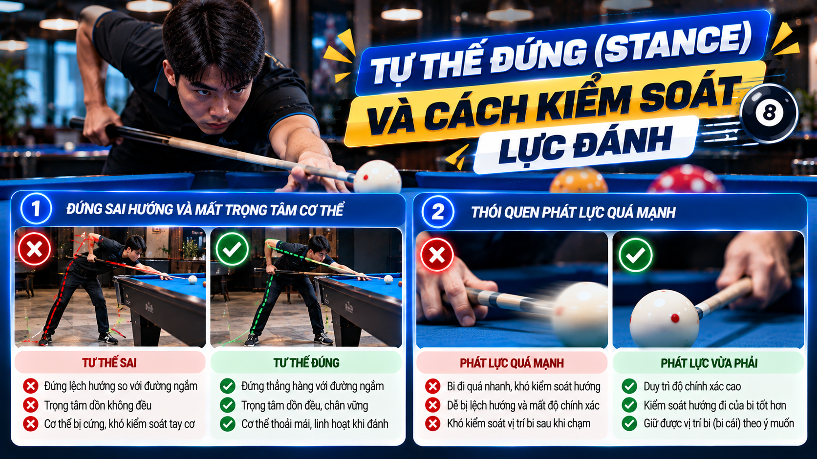 Tư thế chuẩn và kiểm soát lực đánh bida