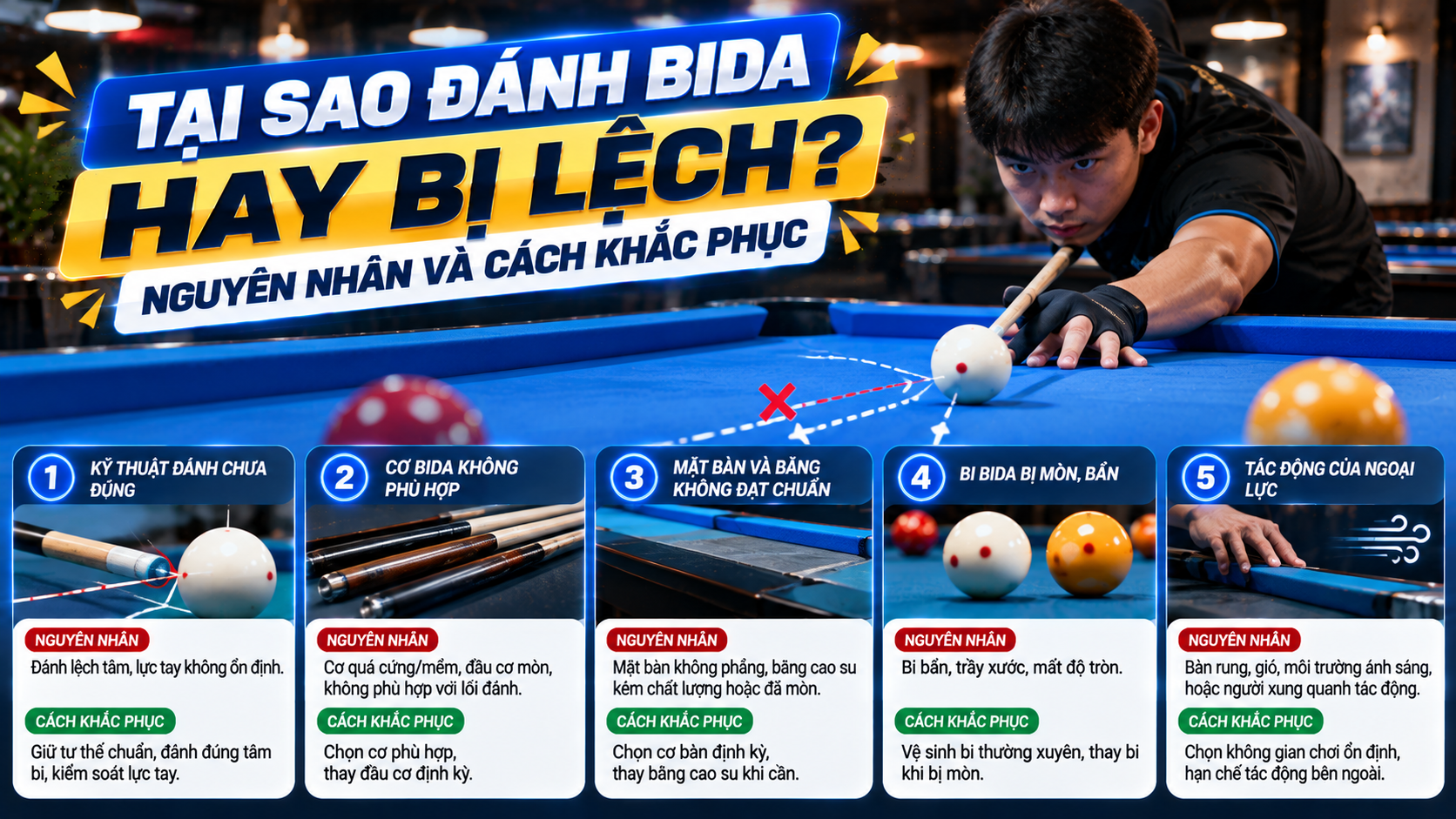 Vì sao đánh bida hay bị lệch, giải đáp Hoàng Anh Nam Group